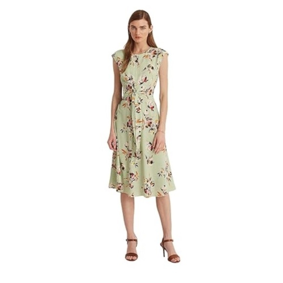 $145 Ralph Lauren Women's Green Floral-Print Crew-Neck A-Line Dress Size US 4 - Picture 1 of 12